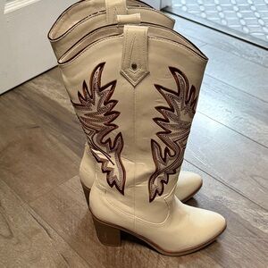 MIA Beige and Brown Western Heeled Boots